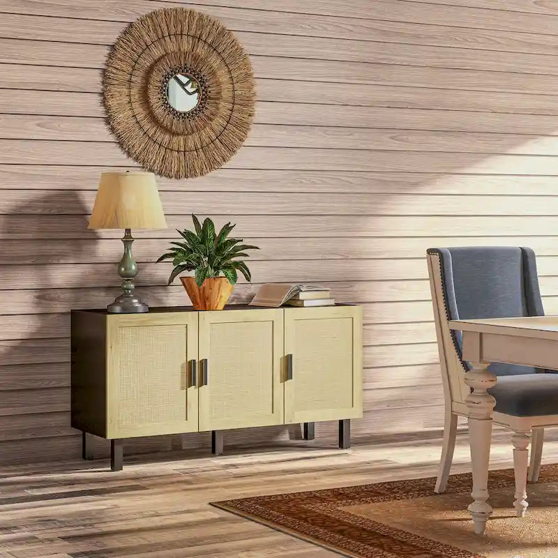 Sideboard Buffet Cabinet, Kitchen Cabinet, Coffee Bar Cabinet with 3 Rattan Doors and Adjustable Shelves