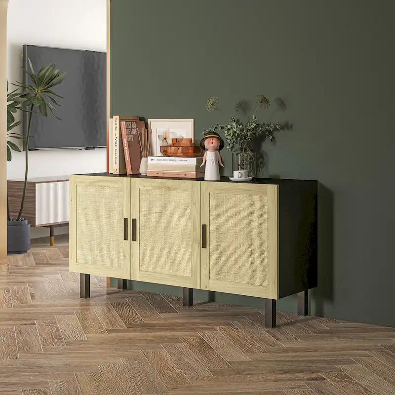 Sideboard Buffet Cabinet, Kitchen Cabinet, Coffee Bar Cabinet with 3 Rattan Doors and Adjustable Shelves
